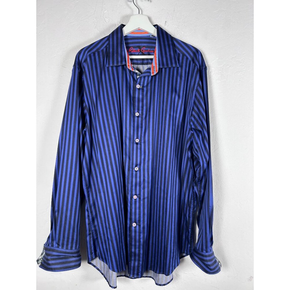 Robert Graham Mens 2XL Blue Striped Button-Up Shirt 100% Cotton Long Sleeve